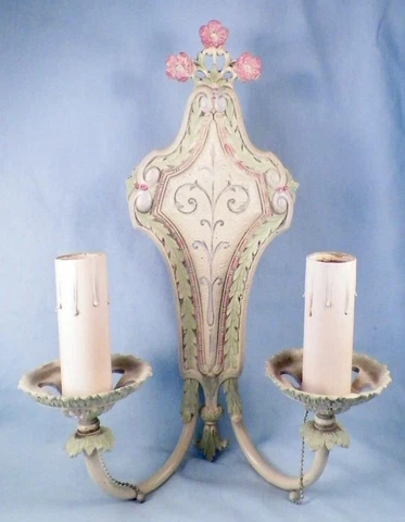Art Deco Wall Sconce Cast Metal 2 Candle Light Fixture Flowers Leaves Scrolls Cover