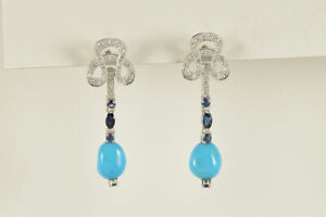 White Gold Dangling Turquoise, Sapphire, Diamond Earrings