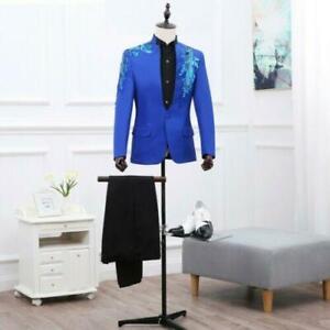 2PCS Mens Stand Collar Sequins Show Singer Suit Bling Prom Show Emcee Coat Pants