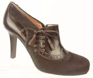 NANETTE LEPORE Brown Leather Cow Hair Brogue Bootie Heels Women's 10 M - Picture 1 of 12