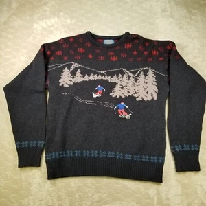 VTG Pendleton Sweater 100% Pure Virgin Wool Skiers Trees Mountains Sz Lg - Picture 1 of 14