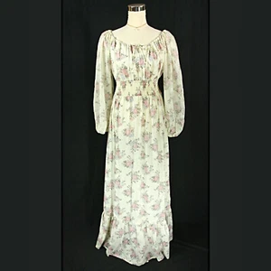 Vintage Pink Roses Floral Hippie Boho Blouson Maxi Dress Gown Elastic Waist S M - Picture 1 of 9