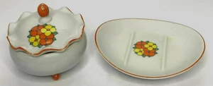 Juego de tocador retro jabonera caja baratija porcelana naranja amarillo flores años 60  - Imagen 1 de 12