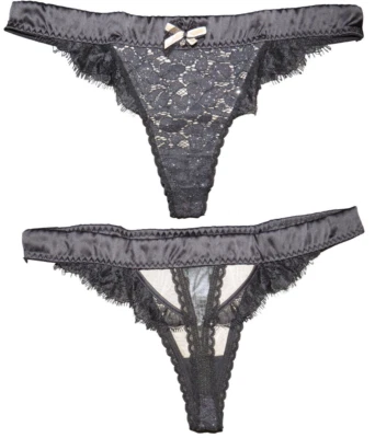 Pleasure State White Label Natalia Black Satin & Lace Thong Size Small - Image 1 of 4