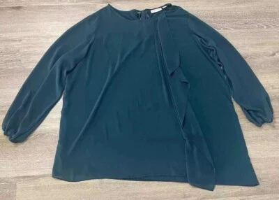 Susan Graver 3X Asymmetrical Blouse Green Long Sleep Tie Bow Back Chiffon - Image 1 of 4