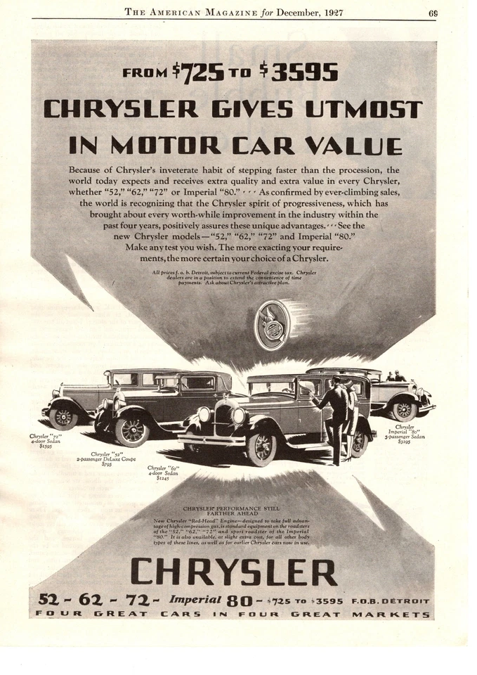 1927 Chrysler "Red-Head" Engines 52 62 72 Imperial 80 Car Models Lineup Print Ad - Image 1 of 1