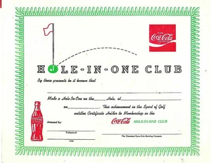 COCA-COLA Hole-in-One Club Certificato Cleveland Coca Cola società di imbottigliamento - Foto 1 di 1
