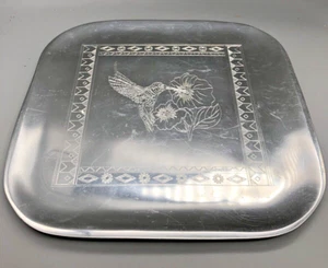 Nambe Rounded Corner Square Serving Plate Platter 9" 555A Hummingbird and flower - Picture 1 of 4
