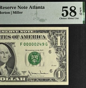 1977A $1 Federal Reserve Note PMG 58EPQ - Three Digit Low Serial Number 00000249 - Picture 1 of 3