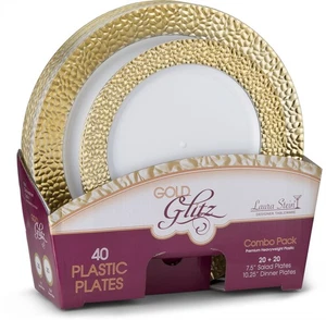 32 PC Glitz White Gold Rim Plastic Plates, 16 10.75 Dinner, 16 7.5 Salad, Set - Picture 1 of 9
