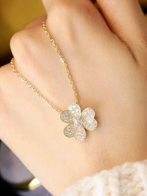 2 kt runder simulierter Diamant Blumenform Anhänger Halskette 14 K Gelbgold p... - Bild 1 von 4