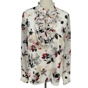 White House Black Market Damenbluse Blumenmuster Rüschenausschnitt Größe 10 Langarm durchsichtig - Bild 1 von 8