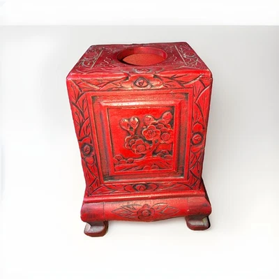 China República Popular China Tallada a Mano Caja de Pañuelos Cubierta Motivo Floral Rojo 4.5 Cubo 📦 Genial Foto 1 de 4