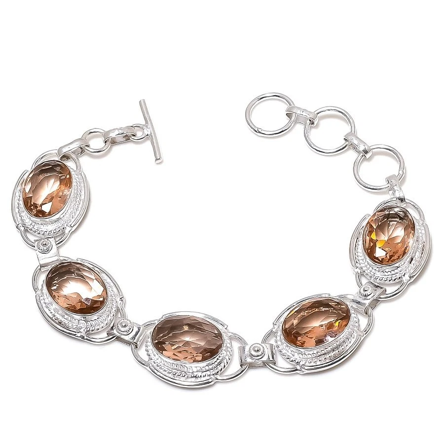 Pulseras de joyería de plata de ley 925 hechas a mano con piedras preciosas de morganita melocotón talla 7-8" Foto 1 de 1