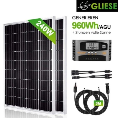 240W Solarpanel Set Solarmodul 12V PV Monokristallin Wohnmobil Camping Caravans - Bild 1 von 4