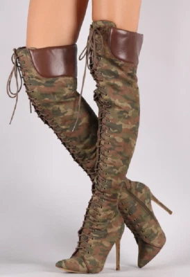 Camouflage Combat Boots Women Over Knee Boots Pointy Toe Heels Lace Up Zip Shoes - Image 1 of 2