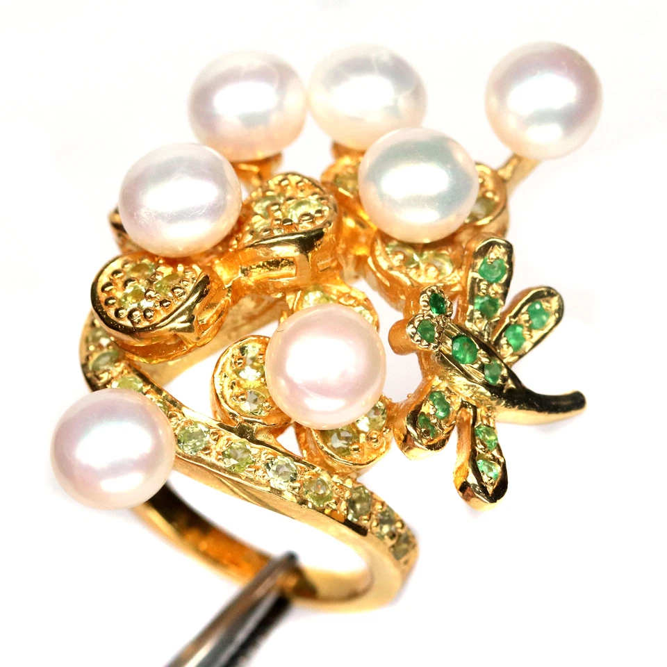 Edelstein 6 Mm. Weiße Perle, Peridot & Tsavorit Ring 925 Sterlingsilber Größe 4 - Bild 1 von 4