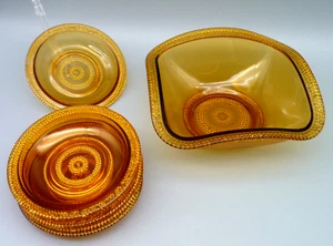 Skandinavian Bernstein Glas Schale und 6 Glasteller Bubbles Noppen 1970er Retro - Bild 1 von 11