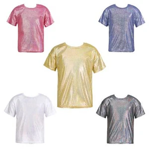 Girls Boys Costume Silky Top Shiny T-shirt Kids Shirts Casual Tee Unisex Blouse - Picture 1 of 43