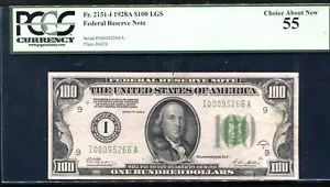 FR 2151-I 1928-A $100 LGS LIGHT GREEN SEAL FRN FEDERAL RESERVE NOTE PCGS AU-55 - Picture 1 of 2