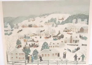 GRANDMA MOSES "WINTER TWILIGHT" VINTAGE COLOR LITHOGRAPH - Picture 1 of 5