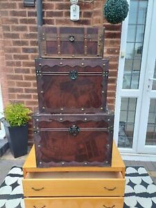 Set Of 3 Vintage Oriental Style Trunks Chests Storage Boxes T3