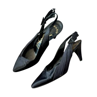 Zapatos de salón Yves Saint Laurent vintage años 80 negro satinado con tira trasera, talla 7 1/2, hechos i Foto 1 de 4