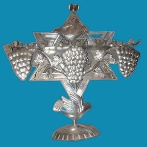 VINTAGE Circa'1950's Intricate Jewish Menorah hand cut aluminum 15"x14" - Picture 1 of 8