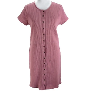 Madewell Rib Knit Shirt Dress Womens Size L Pink Short Sleeve Button Front - Picture 1 of 7