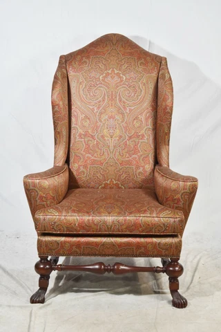 Baker Stately Homes Collection Irish Mahogany Wing Chair Silk Paisley Fabric Cover