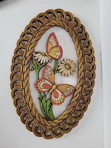 "De colección Dart Coppercraft años 70 aspecto mariposa y margarita mimbre colgante de pared 15""" - Imagen 1 de 5