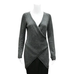 Brunello Cuccinelli Faux Wrap Sequin Cashmere Sweater Size Medium Gray Cashmere - Picture 1 of 6