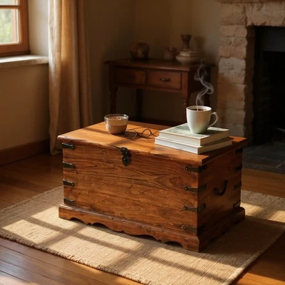 Large Solid Wooden Trunk Chest Rustic Box Vintage Blanket Storage Ottoman Bench - Image 1 of 4