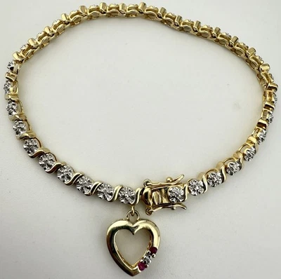 ROSS SIMONS VERMEIL 925 RUBY & DIA CHIP HEART CHARM 7 1/4” TENNIS BRACELET K229C - Image 1 of 4