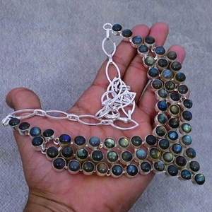 Natural Labradorite Gemstone 925 Sterling Silver Jewelry Necklace Size-17-18" - Picture 1 of 5