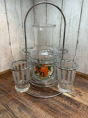 Jarra de jugo de naranja Libbey de colección y 4 vasos de jugo estante de transporte granja Foto 1 de 4