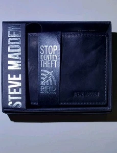 Steve Madden Mens Wallet Black Slimfold Bifold Genuine Leather RFID in Gift Box - Picture 1 of 9