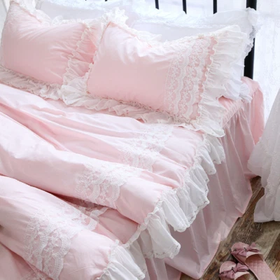 Romantic Bedding Set Queen Franch Style Duvet Cover Set Pink Elegant Lace Ruffle - Image 1 of 4