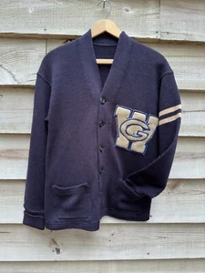 Vintage 1950s Navy Blue and Creme Stripe, "GW" Letterman Cardigan - Picture 1 of 6