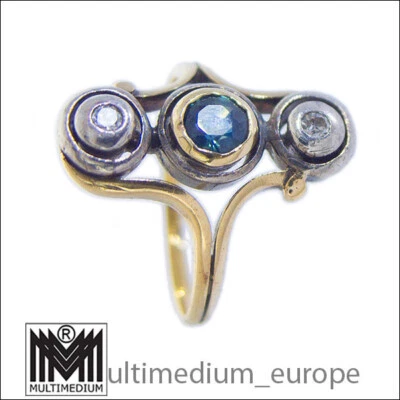 Antiker Jugendstil 750 Gelbgold Silber Ring Diamanten Safir 18ct Gold Saphir - Bild 1 von 4