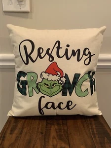Grinch Throw Pillow 18x18" Resting Grinch Face Christmas Complete Ready! New - Picture 1 of 6
