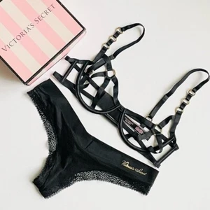 MEDIUM Victoria’s Secret black harness caged strappy bra set thong panties - Picture 1 of 7