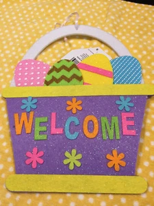 Felt Easter Basket full of Eggs Flowers WELCOME Door Wreath Sign 9.5" x 8" S26a - Picture 1 of 2