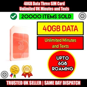 Three Supercharged 5G SIM with 40GB DATA + Unlimited Minutes & Texts - Picture 1 of 11