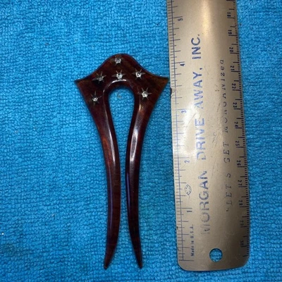 Victorian Celluloid Hair Comb W/6 Rhinestones In Star Patterns - Image 1 of 4