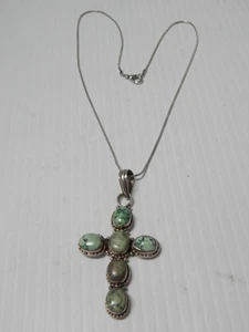HEAVY VINTAGE SOUTHWEST NAVAJO INDIAN STERLING SILVER TURQUOISE CROSS FREE CHAIN - Picture 1 of 6