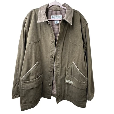 Jaqueta Columbia River Lodge lona pesada celeiro casaco colarinho couro verde GG vintage - Imagem 1 de 4