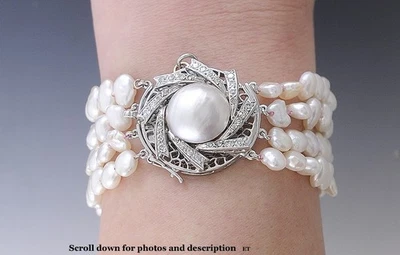 Fine 14K White Gold and Pearl Bracelet w/ Diamonds - Image 1 of 4