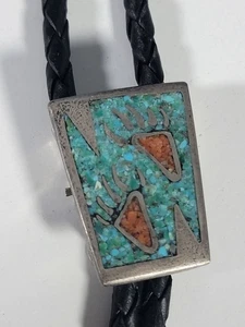 Vintage Sterlingsilber Bolokrawatte Türkis Inlay Bennett Pat Anhänger C-31 Zuni sty - Bild 1 von 15