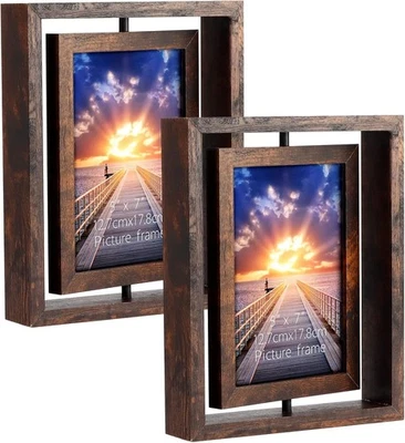 EXYGLO 2 Pack 5x7 Rustic Rotating Floating Picture Frames, 5X7 inch, Brown  - Image 1 of 2